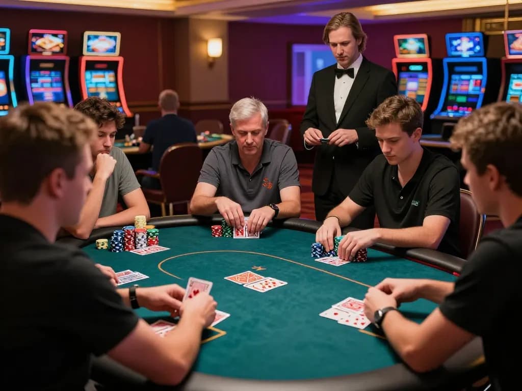 Players engaging intensely around a poker table at maxpoker88 casino, focusing on cards and strategy.