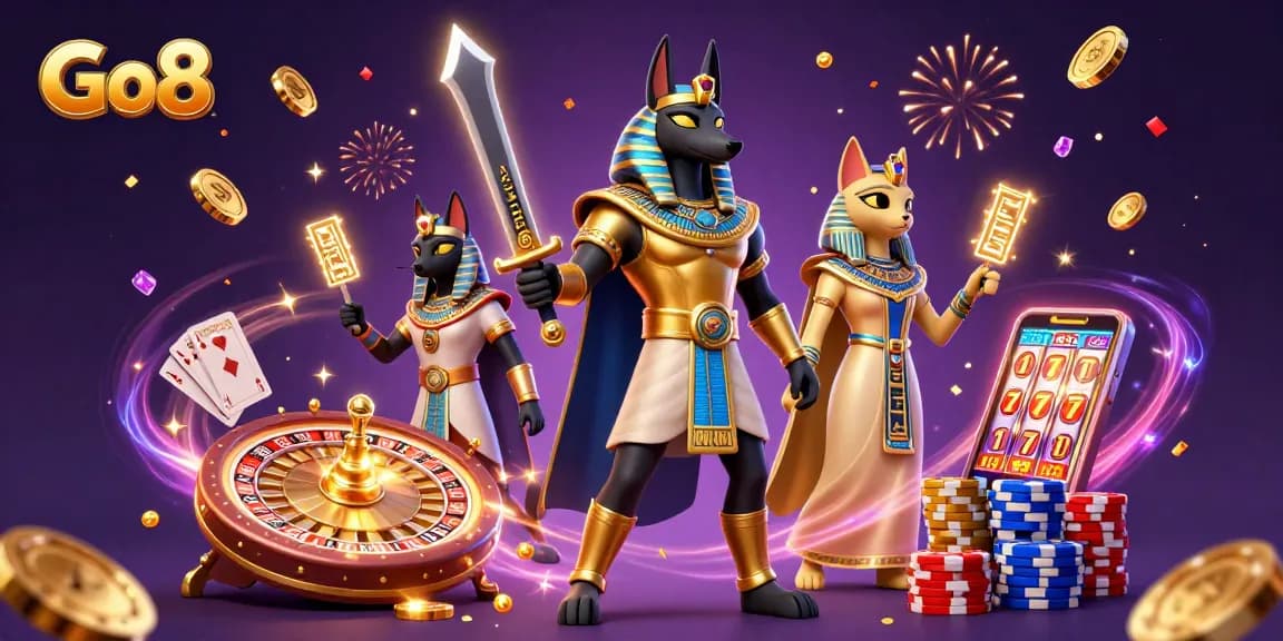 Experience the thrill of gambling with Go8's captivating 3D casino illustration featuring Anubis and Bastet.