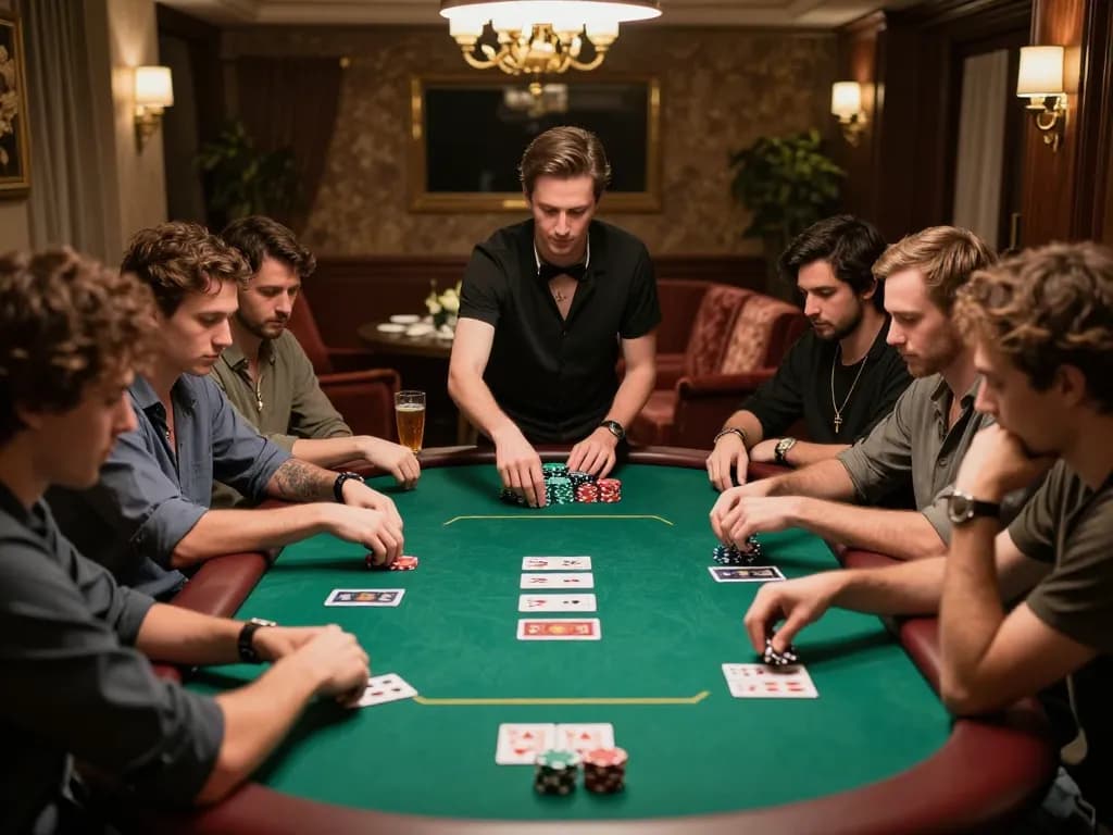 RR88 players engaging in a high-stakes poker game in an upscale setting with intense focus and strategy.