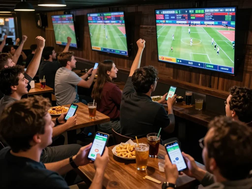 Sports bettors analyzing odds on nhandinhkeonhacai app while enjoying the thrilling atmosphere of a sports bar.