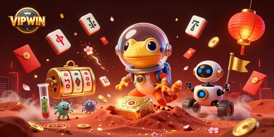Celebrate big wins at VIPWIN in a dazzling casino scene with vibrant slot games and fun elements.