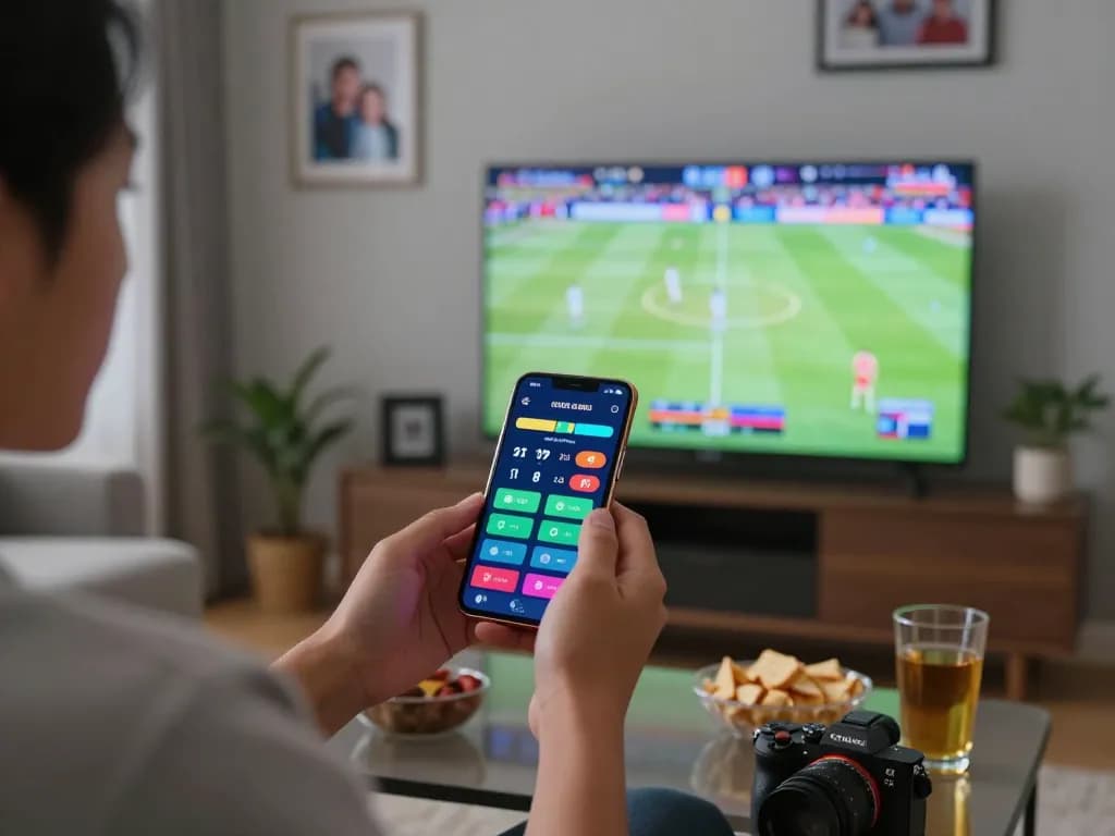 Engaging scene of placing bets on a mobile device at home, showcasing agen judi bola and strategic betting.
