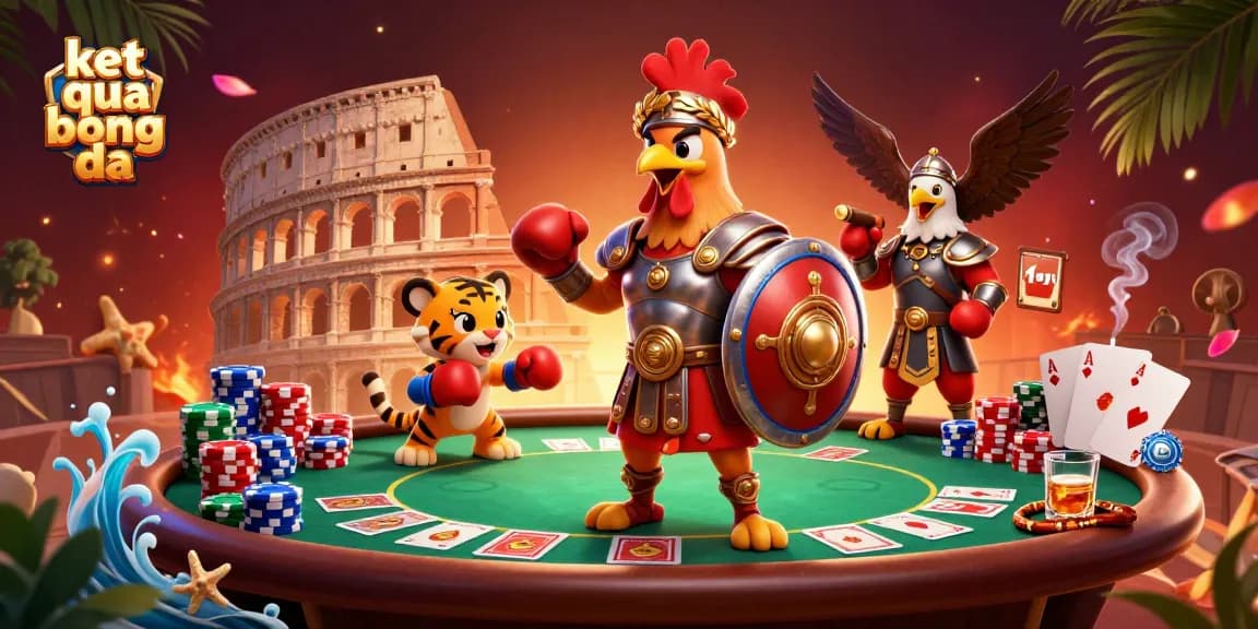 Engage with the lively scene of ket qua bong da as a cartoon rooster gladiator battles, surrounded by rich poker elements and vibrant atmosphere.