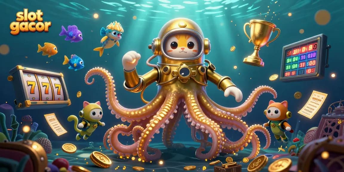 Engage in slot gacor excitement with a cartoon kraken, diving cat, and glowing sea creatures in this lively 3D scene.