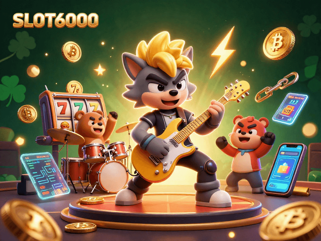 Experience the thrill of SLOT6000 with vibrant characters playing slots and showcasing crypto elements.