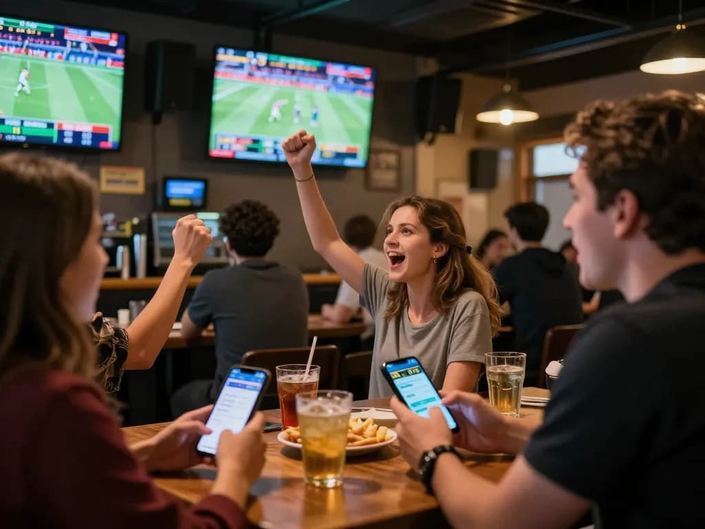MM88 players engaging in thrilling live sports betting at a vibrant bar.
