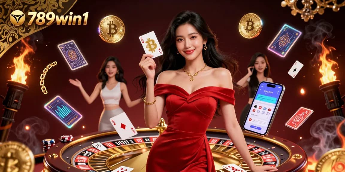 Experience excitement with 789win1 as a beautiful dealer elegantly holds a winning playing card amidst a vibrant casino atmosphere.
