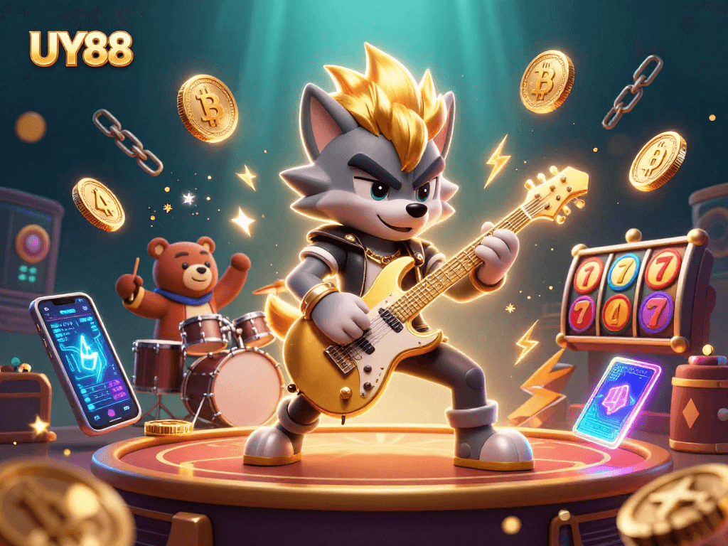 Experience thrilling action with UY88 in a vibrant 3D casino scene showcasing crypto elements.