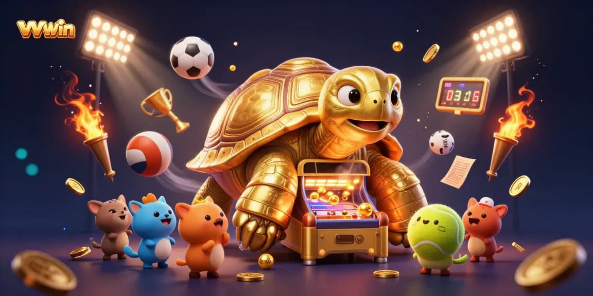 Engage with vvvwin's dynamic gaming scene featuring a colossal tortoise pinball machine and animated sports elements