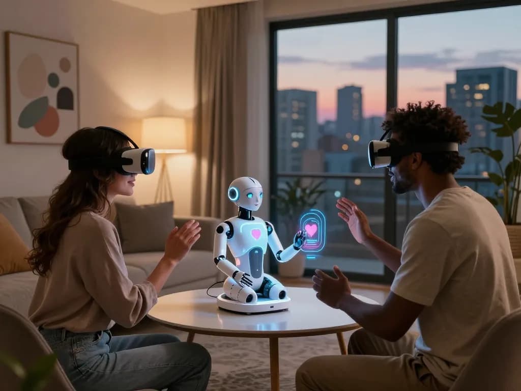 Couple exploring AI sex technology in a modern setting with AI robot.