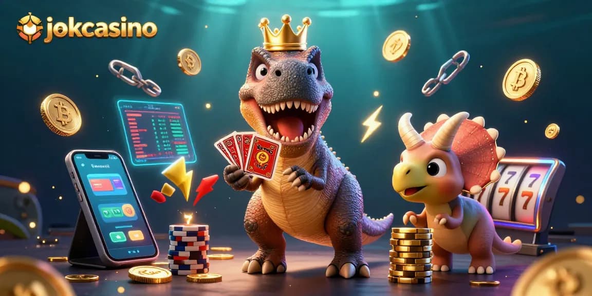 Engage at jokacasino with a fun 3D illustration of a T-Rex shuffling cards amid slot machines and crypto coins.