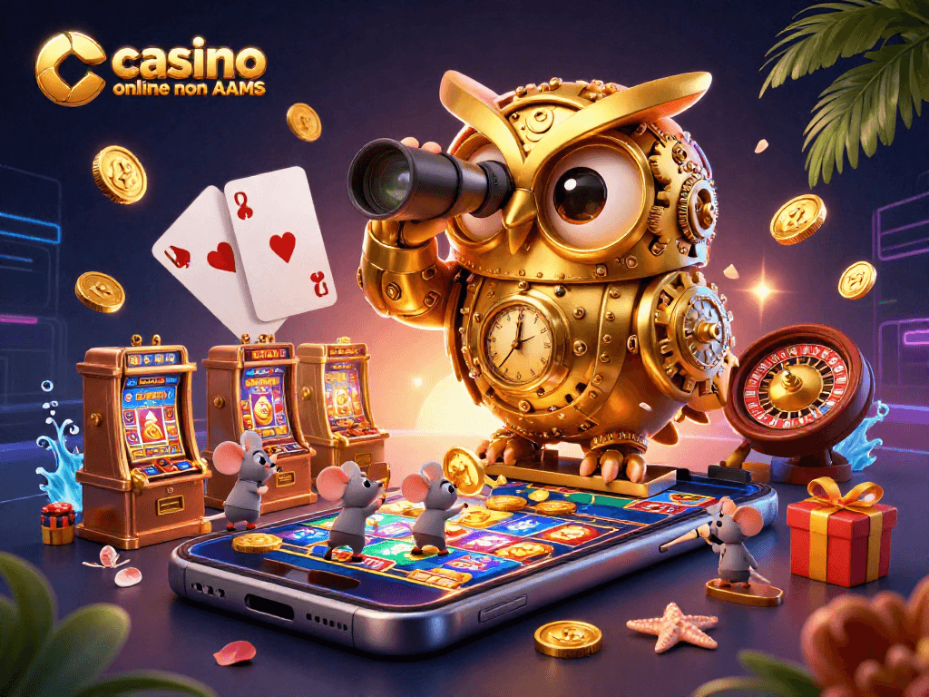 Gioca nel casino online non AAMS con l'illustrazione di un gufo dorato e topini tra le slot.