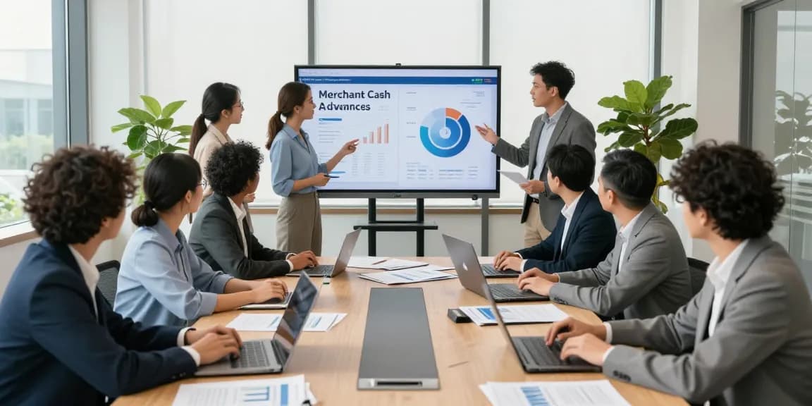 Professionals discussing the best merchant cash advance UK no credit check options in a collaborative office environment