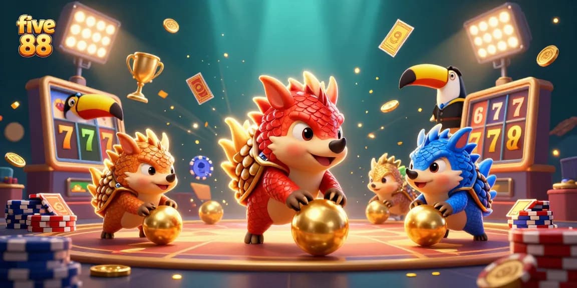 Engage in thrilling gameplay with five 88 as rival pangolins bowl over poker chips in a vibrant casino.