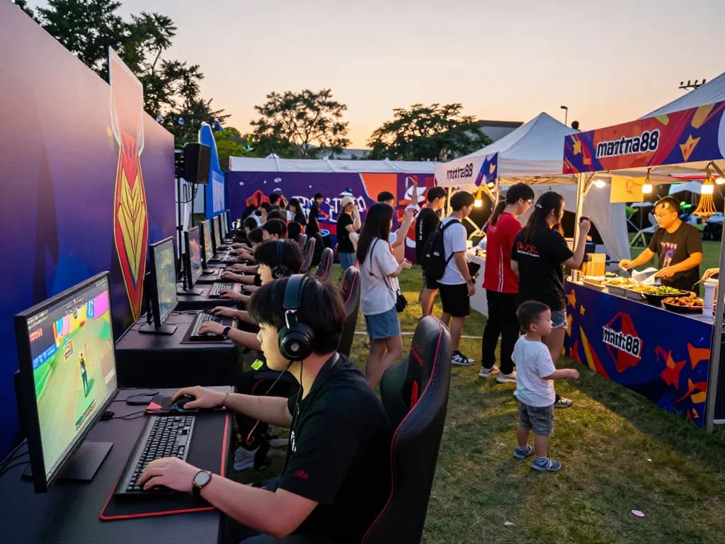 Mantra88 gaming festival scene with enthusiastic gamers engaging in competitive gameplay and vibrant atmosphere.