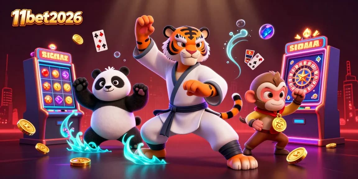 Experience thrilling casino action with 11bet2026's vibrant cartoon scene featuring slot machines and clever characters.