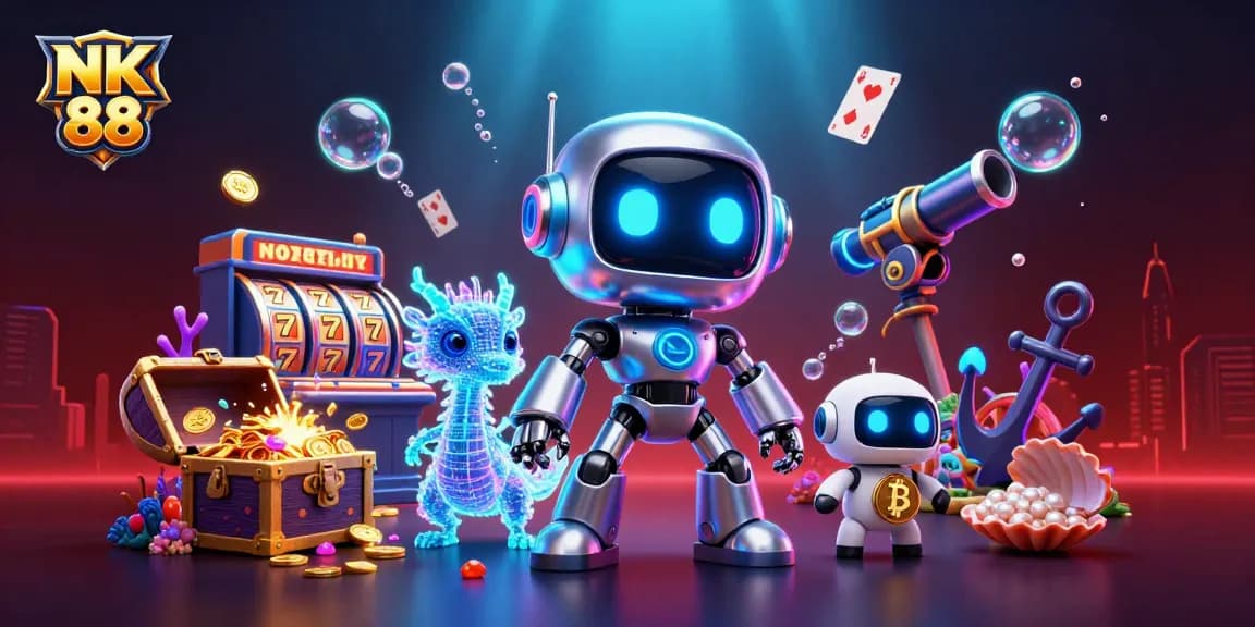 Engage with NK 88 in a vibrant 3D casino scene, featuring colorful slot reels and treasure