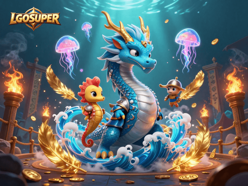 Experience the thrilling adventures of LGOSUPER with dragon, knight, and glowing sea creatures in action.