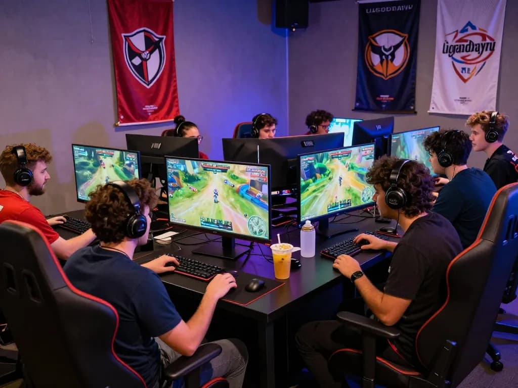 Excited gamers at a ligasedayu tournament in a vibrant gaming lounge.