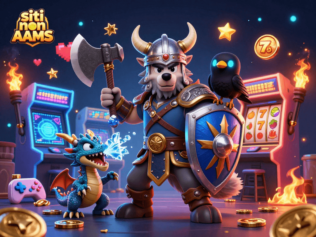 Esplora i siti non AAMS con slot, jackpot e premi in un'illustrazione fantasy.