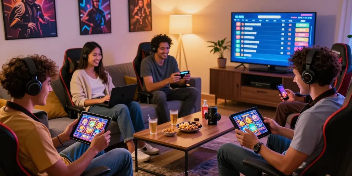 Players enjoying deposit tanpa minimal gaming at home with devices and snacks.