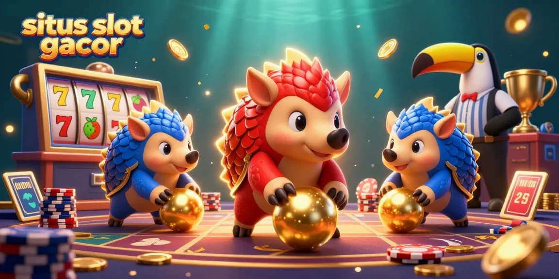 Situs slot gacor scene featuring rival pangolins rolling golden balls and poker chips in a vibrant casino