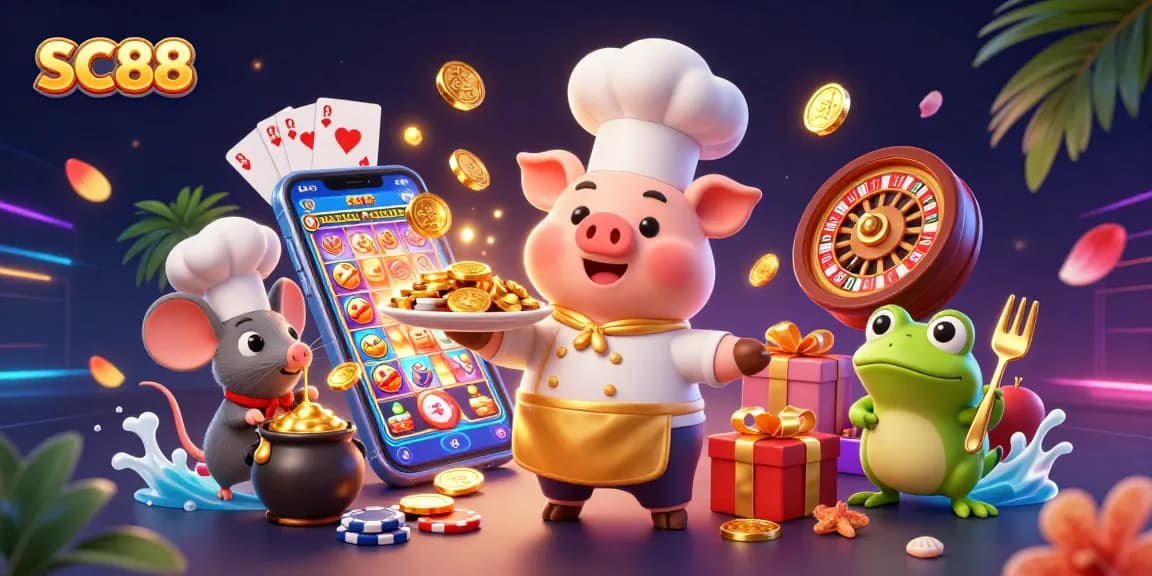 SC88 spins winning slots as a chef pig serves gold coins in a vibrant casino scene