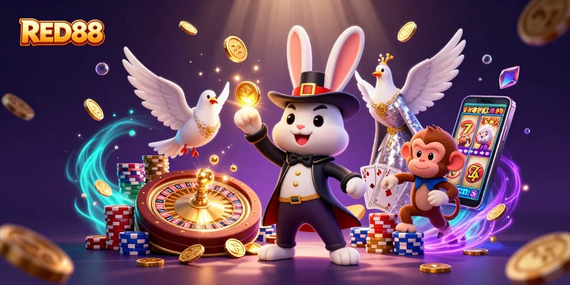 Engage with RED88 casino magic featuring a rabbit, a dove, and a monkey amidst golden coins and poker chips.