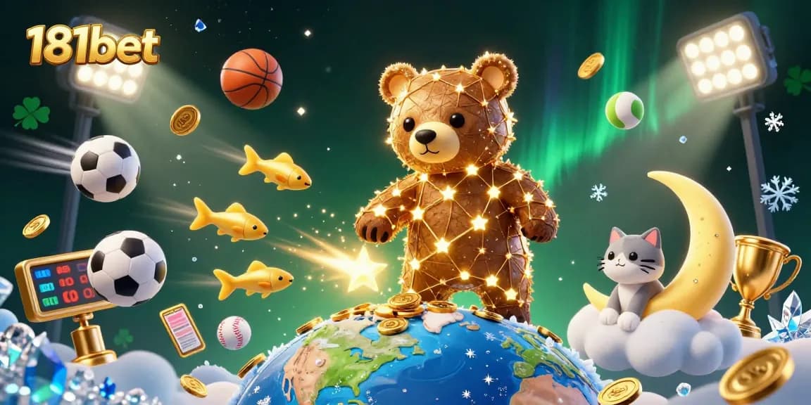 Engaging 3D illustration of 181bet showcasing a constellation bear scooping coins amidst dynamic sports betting elements.