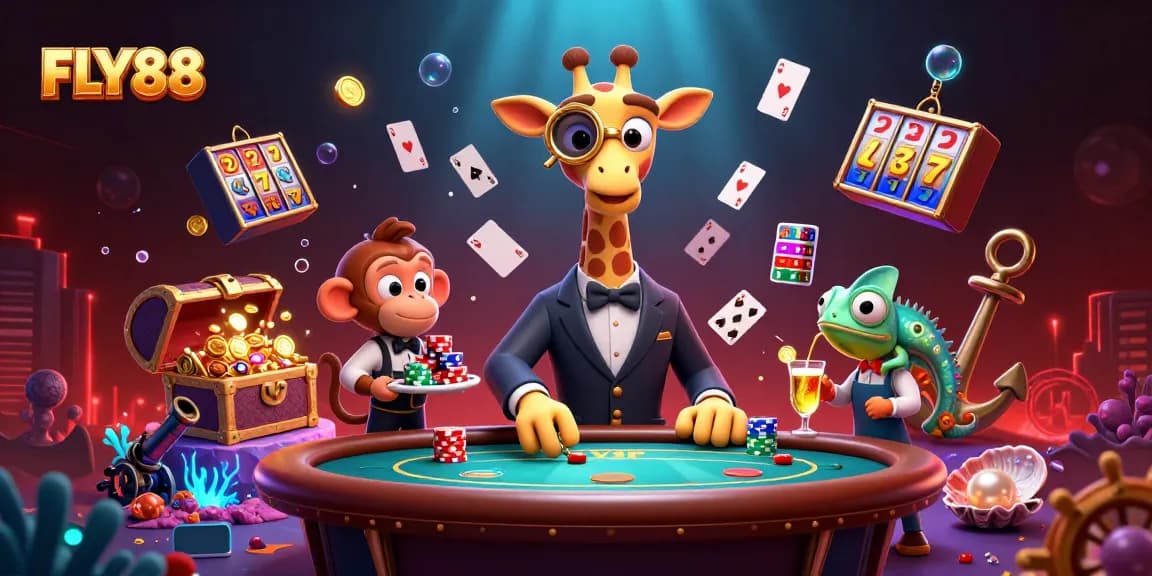 FLY88 high-roller giraffe plays poker with monkey valet, vivid casino scene