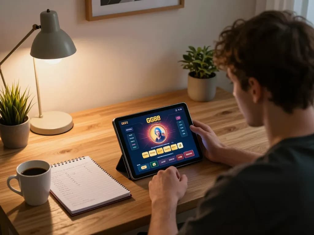 Gamer enjoying GG88's online casino on tablet, surrounded by warm lighting and strategy notes.