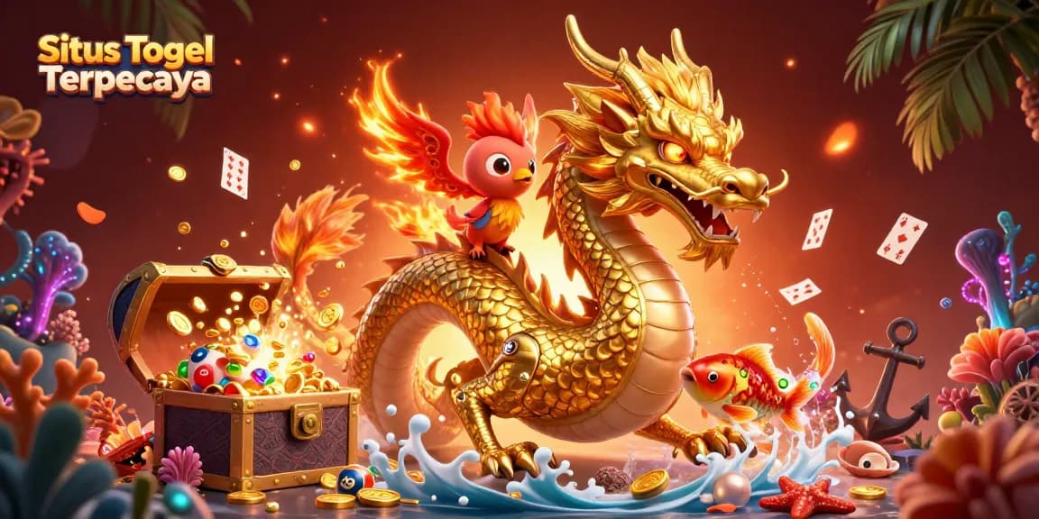 Engage in thrilling experiences at Situs Togel Terpercaya amid golden dragon and phoenix illustrations.