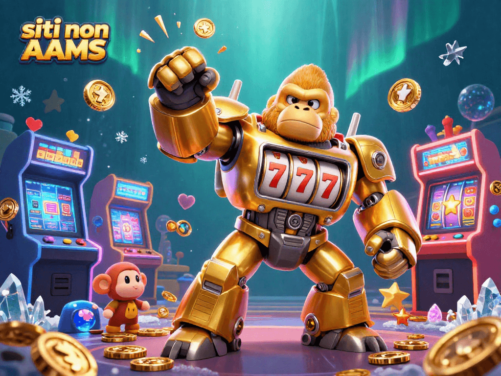 Gioca su siti non AAMS con la nostra illustrazione 3D di un gorilla mech dorato tra slot machine e monete d'oro.