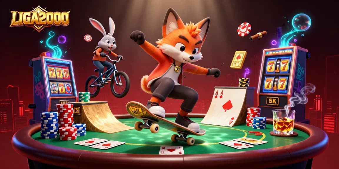 LIGA2000 terlibat dengan ilustrasi 3D bertema kasino yang cerah menampilkan rubah skateboard dan kelinci pengendara BMX