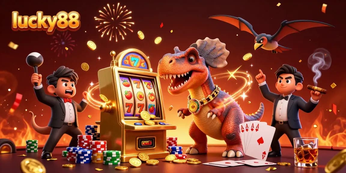 Catch golden coins in a vibrant lucky88 gambling scene with animated characters and slot symbols.
