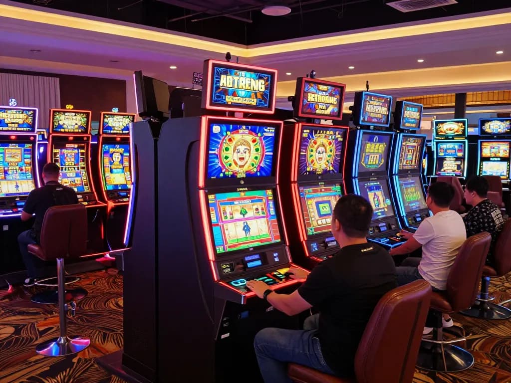 Players enjoying VENOM889 Alternatif slot machines in a bright casino filled with excitement.