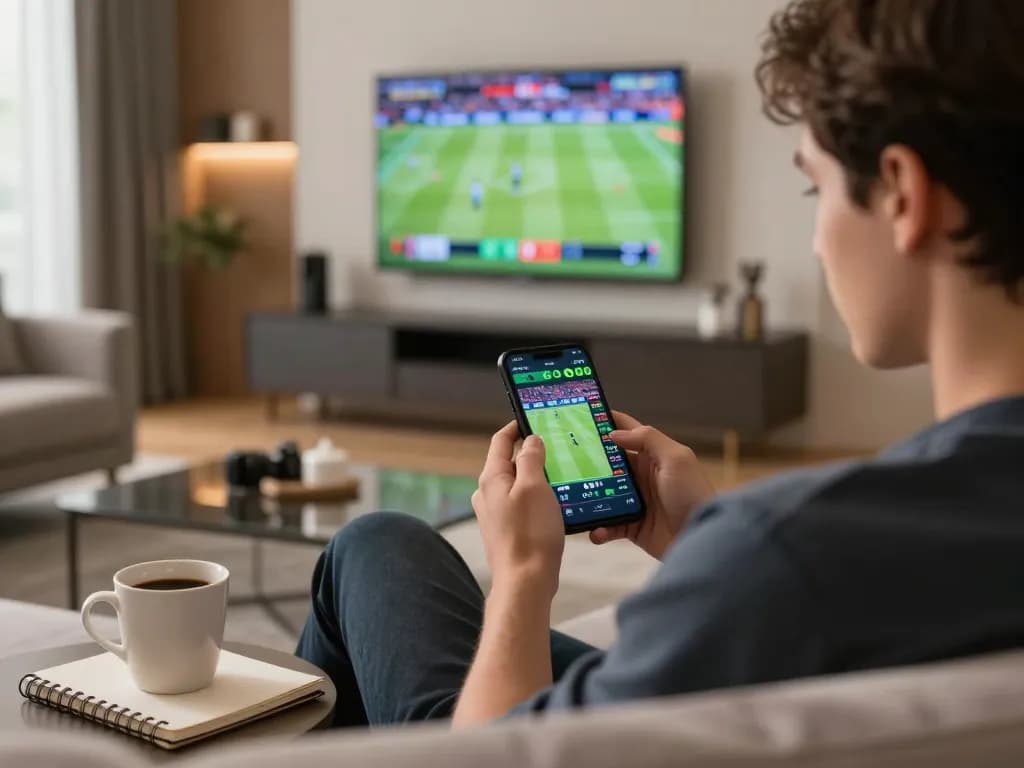 Engaging sports betting experience with sunwin app on smartphone in cozy home setting