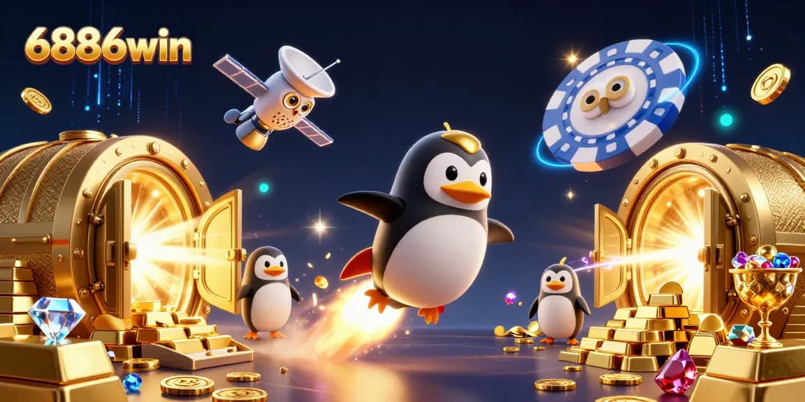 Experience the thrill of 6886win with a golden penguin soaring toward a thrilling casino adventure.