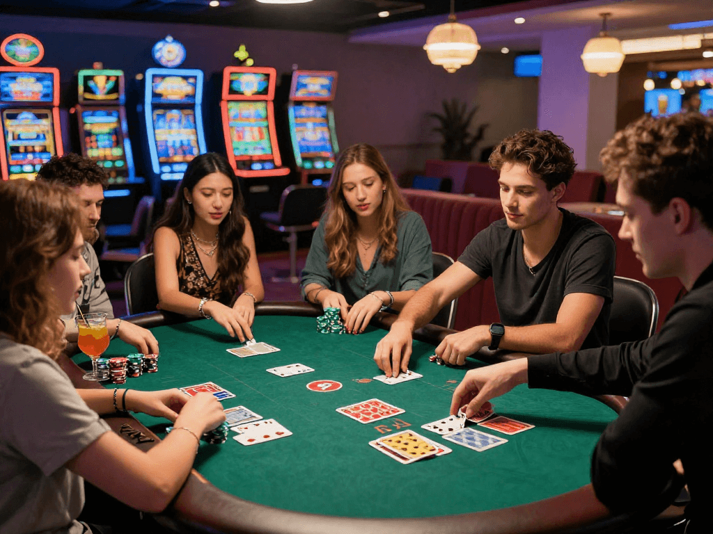 Exciting group enjoying a poker game at a casino with oxbet elements.