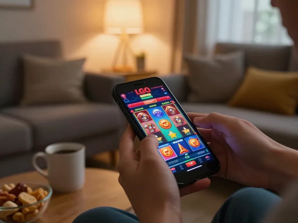 Engaging with LGO SUPER app while playing slots in a cozy home setting.