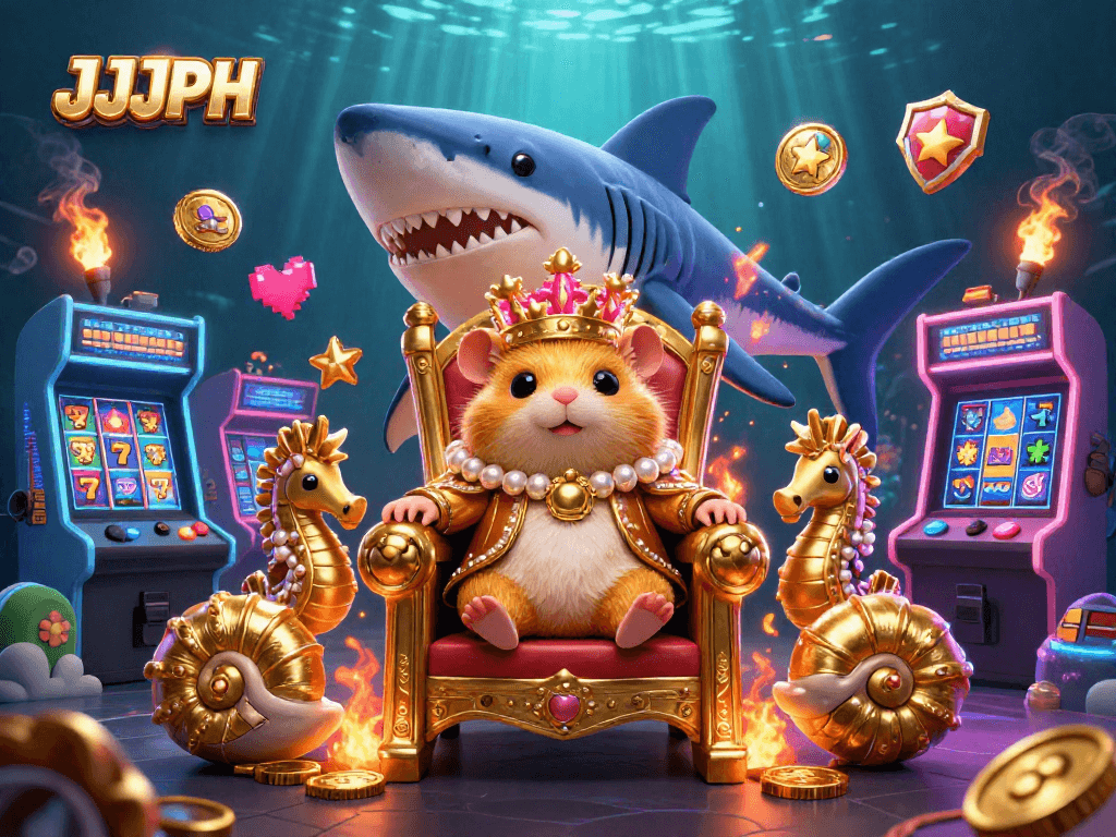 Bet on JJJPH with a fierce hamster king holding court amid vibrant casino games.