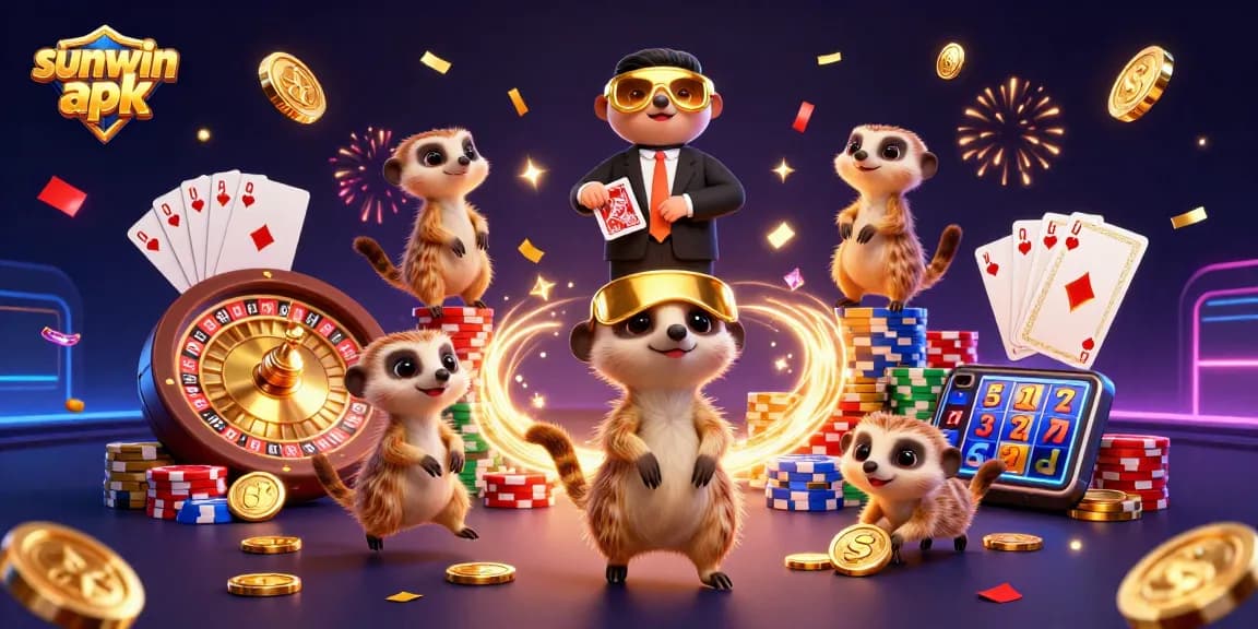 Experience the thrilling sunwin apk casino with meerkats in action, surrounded by vibrant elements.