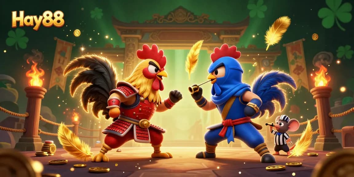 Engage with Hay88's thrilling gaming experience featuring a dramatic standoff between 3D fighting roosters.