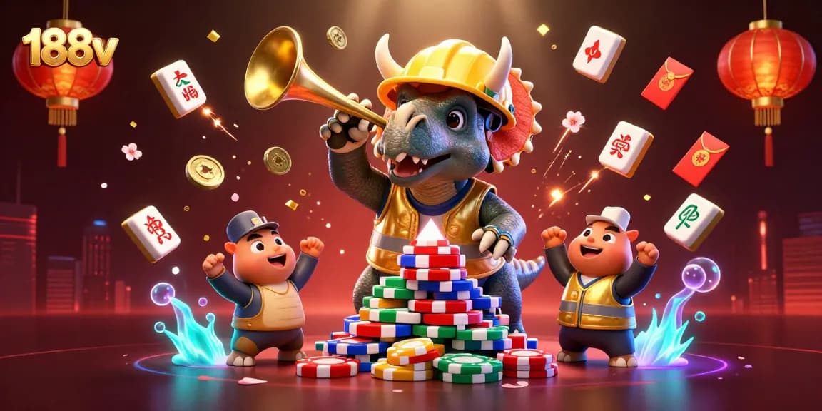 188v players celebrate big wins with a triceratops and a parasaurolophus in a vibrant casino setting.