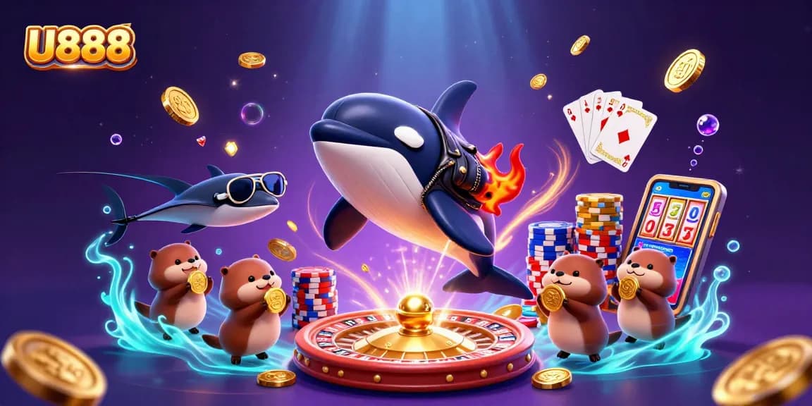 Experience the thrill of U888 with orca in a leather jacket and otters holding coins amidst dazzling casino imagery.