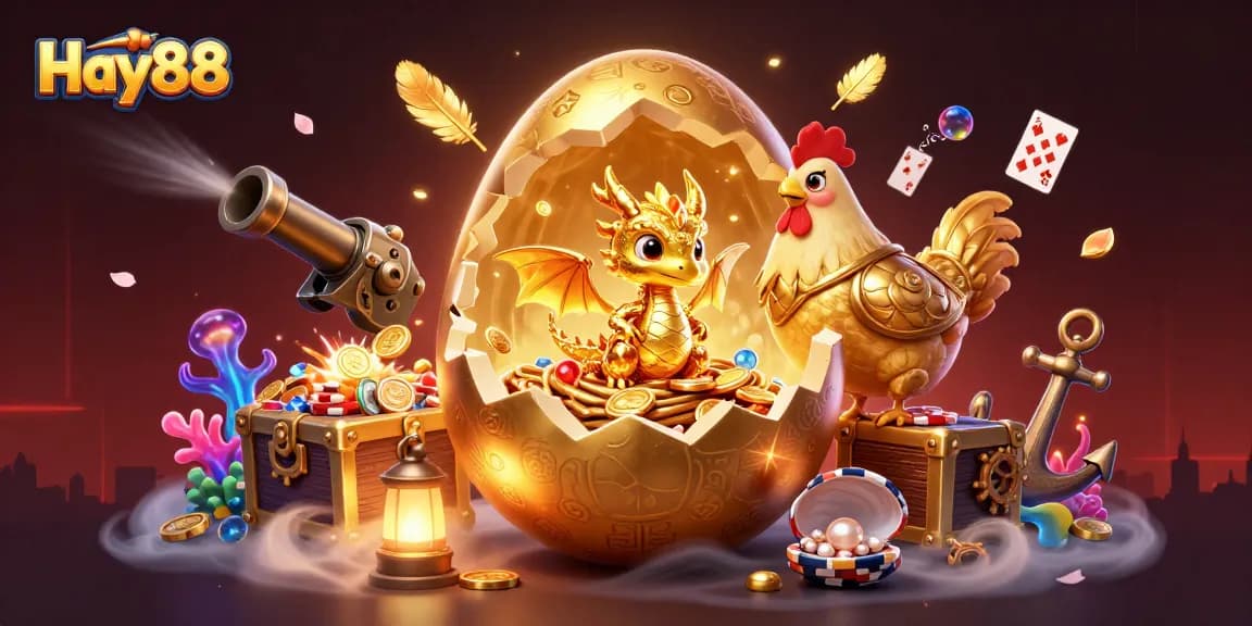 Experience exciting gaming with Hay88 as a golden dragon emerges from poker chips amidst vibrant casino elements.