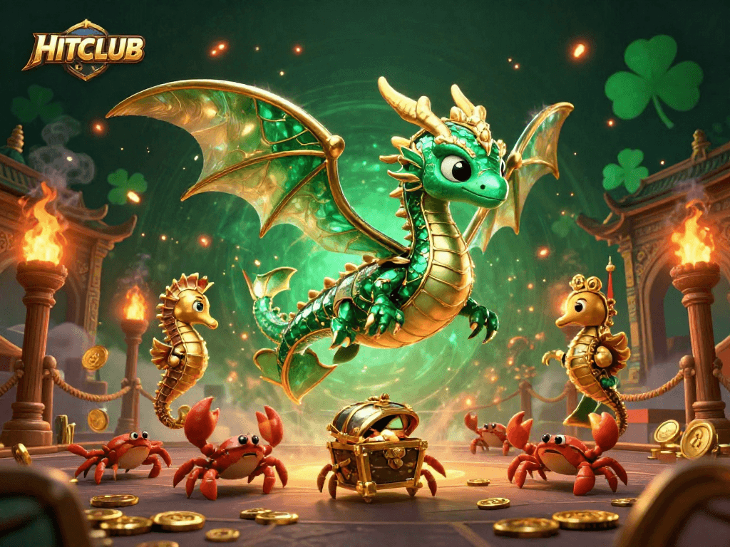 Experience HITCLUB with a treasure-filled 3D scene featuring a sea dragon and vibrant betting elements.