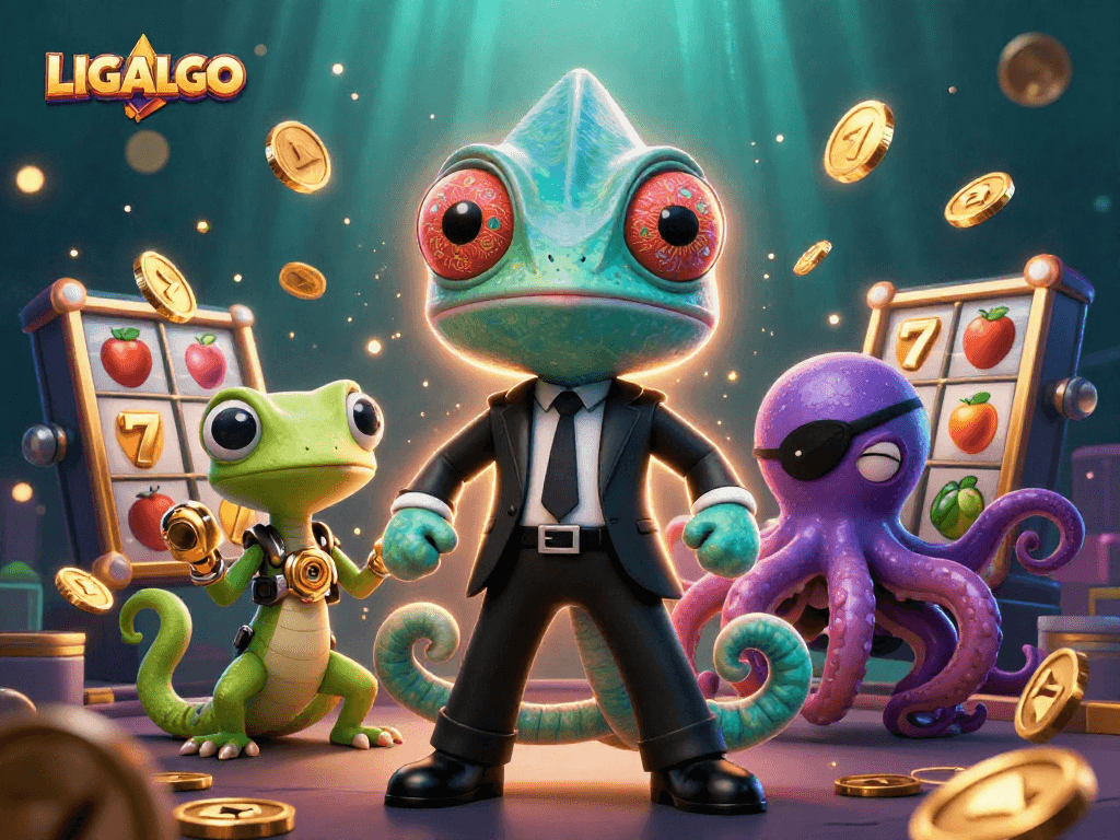 LIGALGO platform presents a vibrant 3D illustration showcasing dynamic slot games and colorful characters.