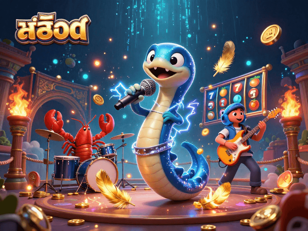 Spin theสล็อต reels with an electric eel DJ, gold coins, and vibrant casino visuals.