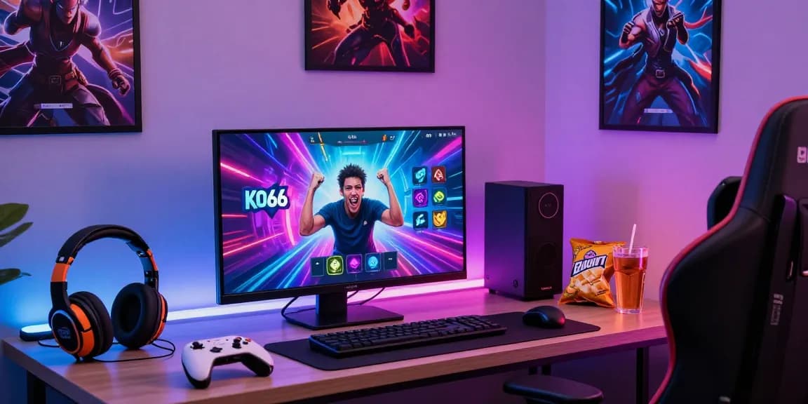 Engaged gamer enjoying the KO66 app in a vibrant gaming setup with colorful lighting.